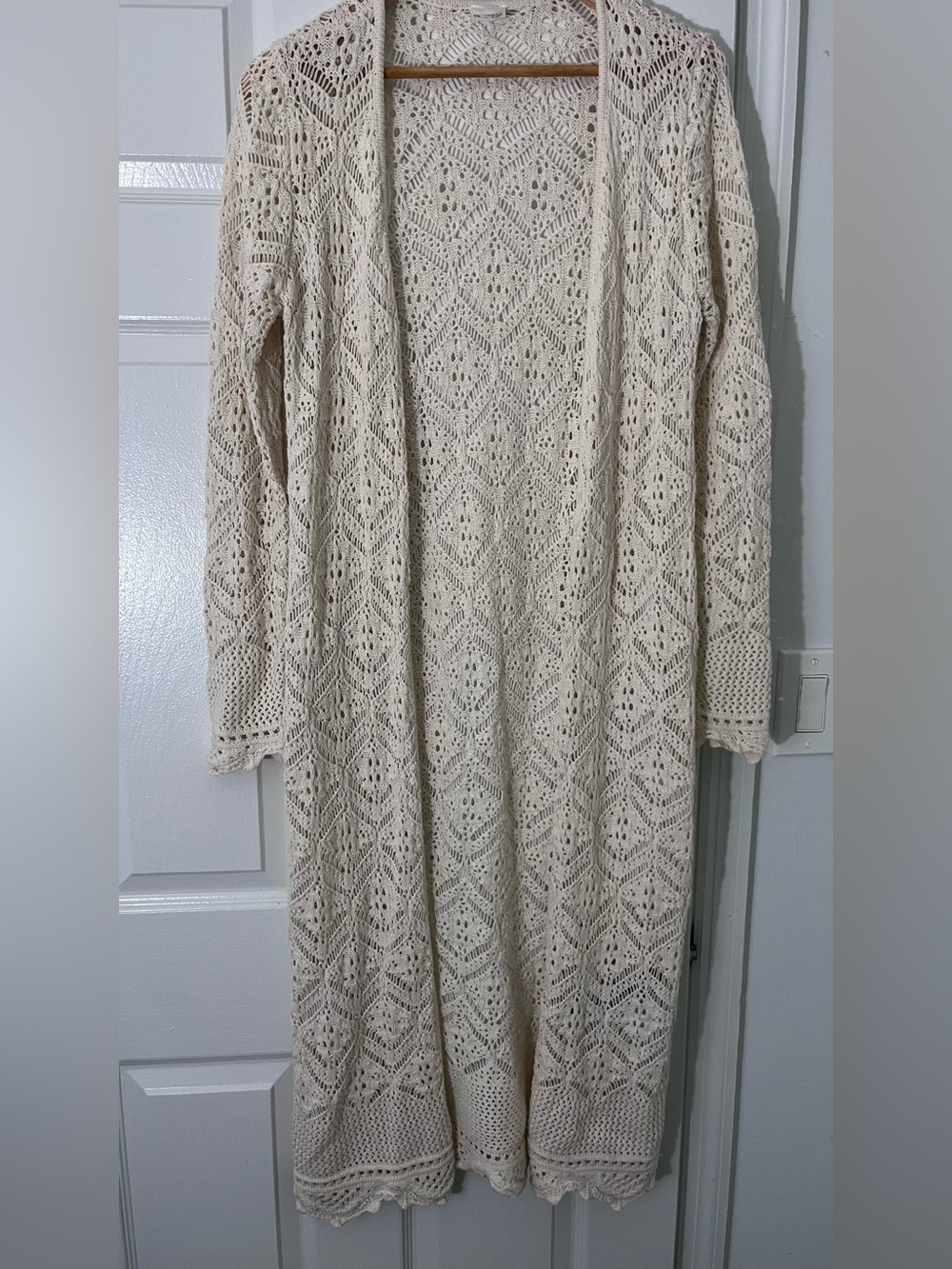 Freshman 1996 Women’s Long Openwork Crochet Duster Cardigan - Cream